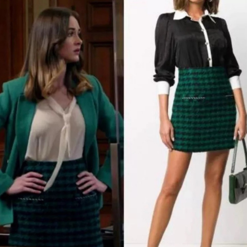 Sandro Wool Blend Green Tweed houndstooth Mini skirt. Size 1 Sandro sizing
